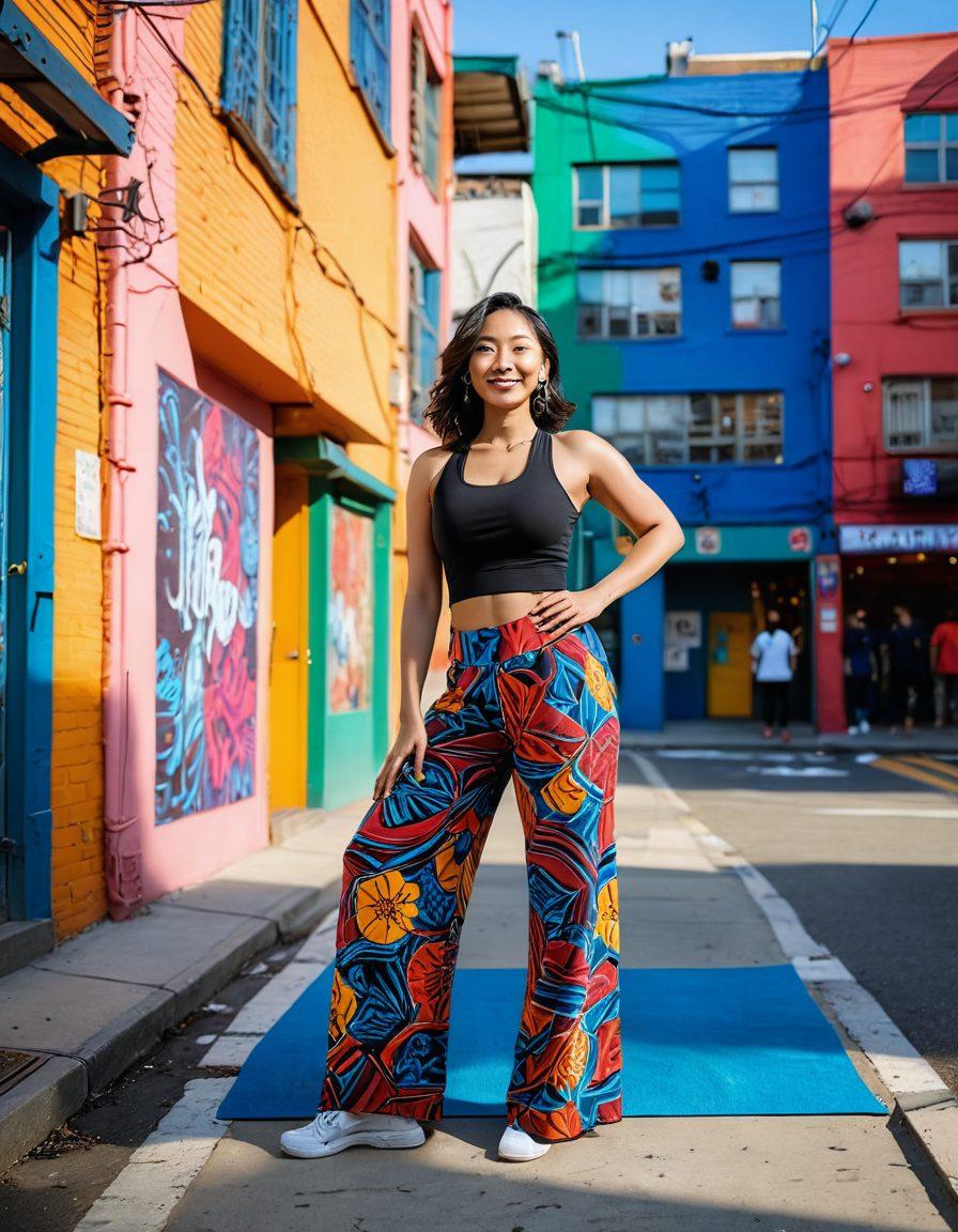 A stylish young woman confidently posing in a vibrant Korean fashion outfit, blending traditional and modern styles, surrounded by a backdrop of a bustling cityscape with colorful street art. The scene radiates positivity and self-expression, featuring elements of wellness like yoga mats and plants. The image should reflect diversity in body types and celebrate individuality. artistic photography. vibrant colors. urban setting.