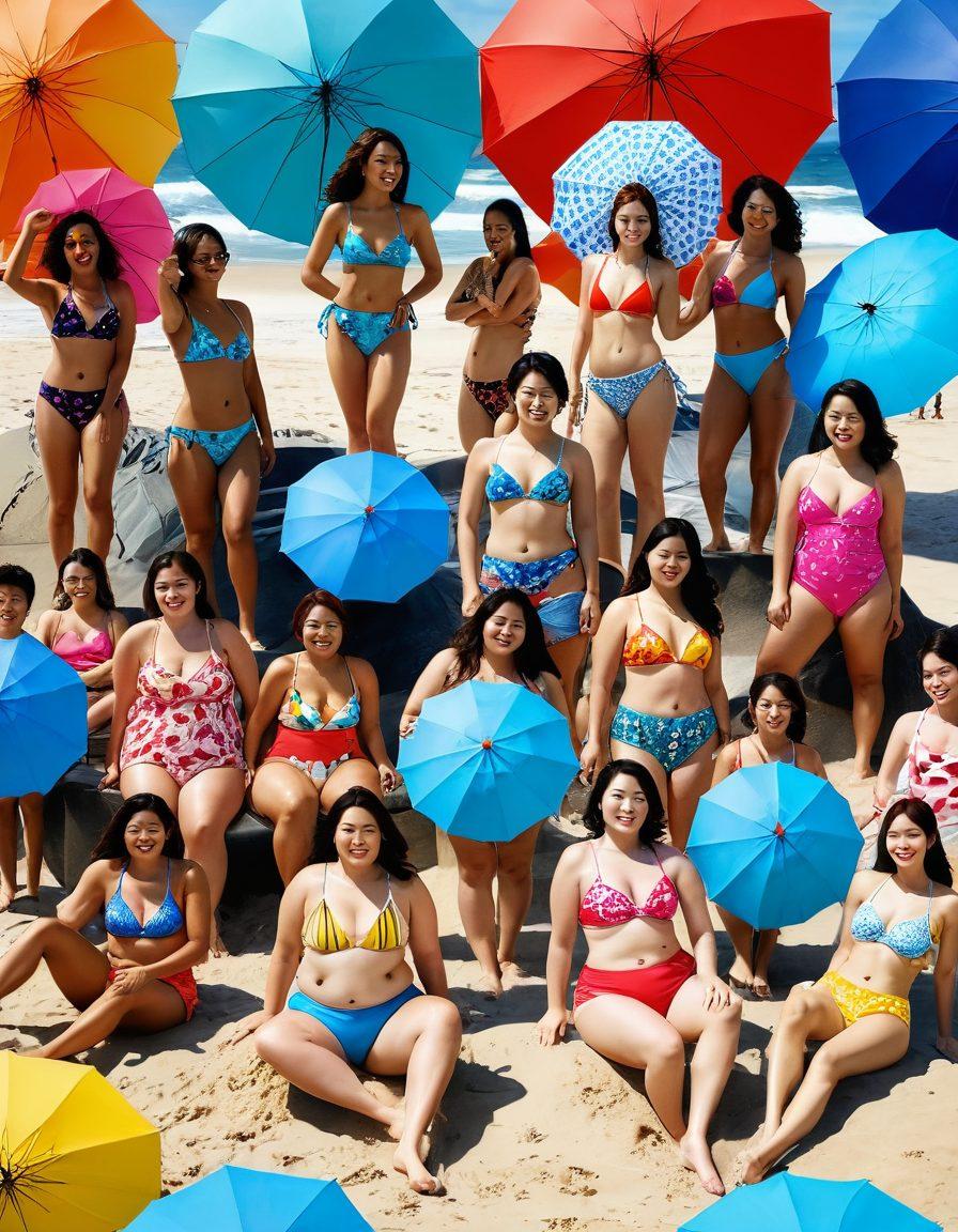 A vibrant beach scene showcasing a diverse group of individuals in stylish Korean swimwear, celebrating body positivity. Include colorful beach umbrellas, playful waves, and smiles illuminating the atmosphere. Incorporate cultural elements like traditional Korean patterns and motifs in the swimwear designs, set against a bright, sunny sky. Highlight a sense of community and confidence among the bathers. super-realistic. vibrant colors. beach setting.